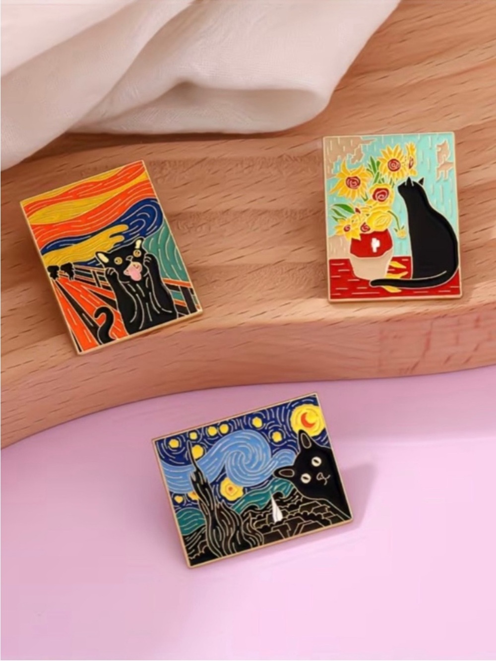 Black Cat Art Enamel Pin Set 3pc Van Gogh Munch Sunflowers NWT Gift Cute - Picture 7 of 11